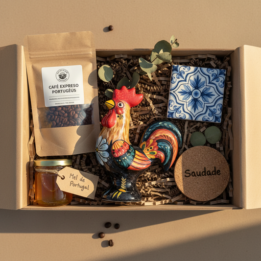 Kit Boas-Vindas Portugal com Galo de Barcelos, mel artesanal, café e íman de azulejo