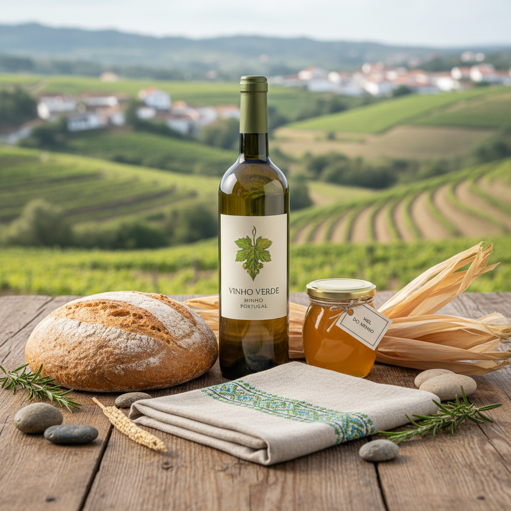 Kit gourmet Sabores do Minho com vinho verde e bordados artesanais