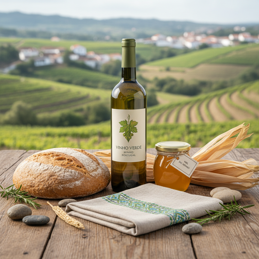 Kit gourmet Sabores do Minho com vinho verde e bordados artesanais