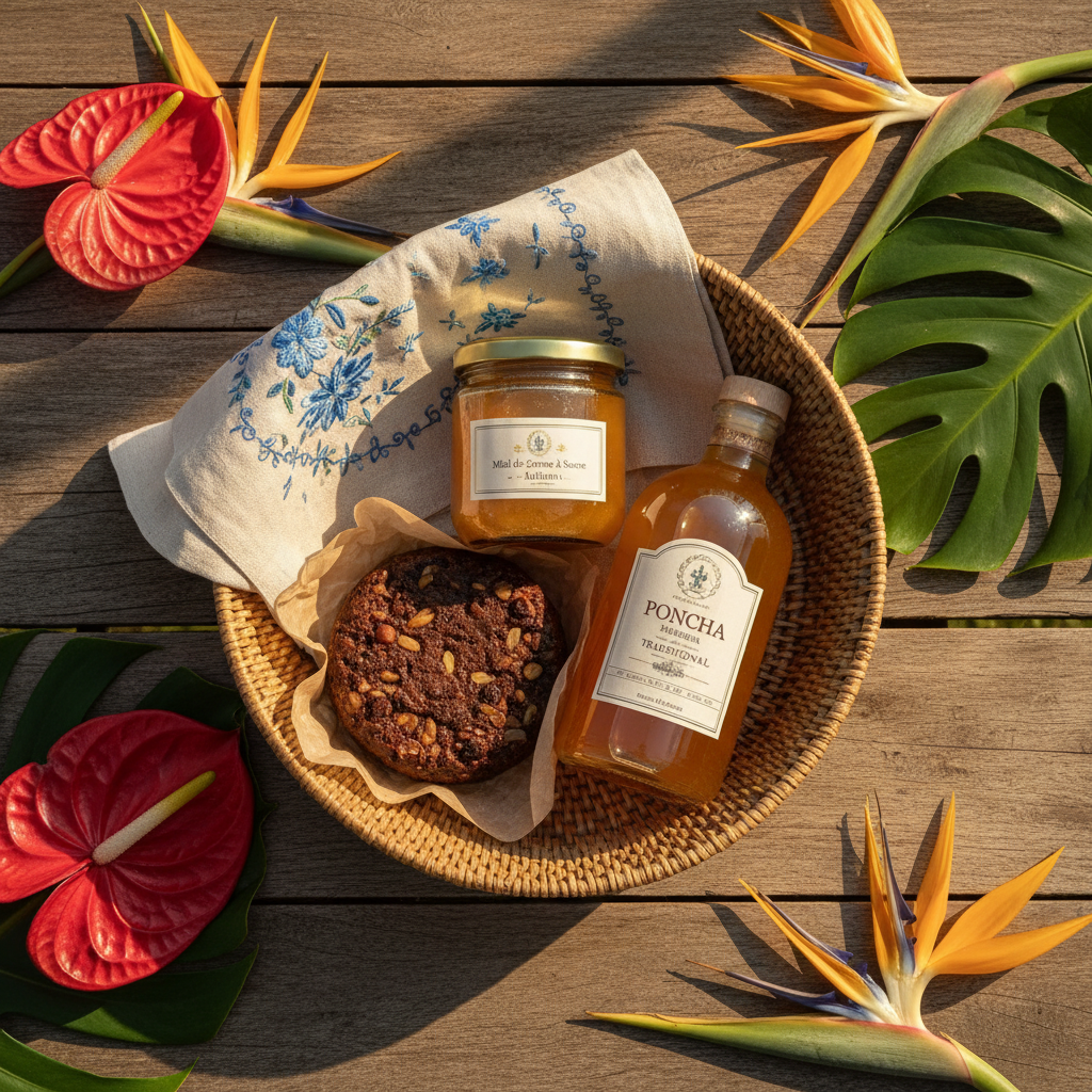 Kit gourmet Sabores da Madeira com mel de cana, bordado e poncha artesanal