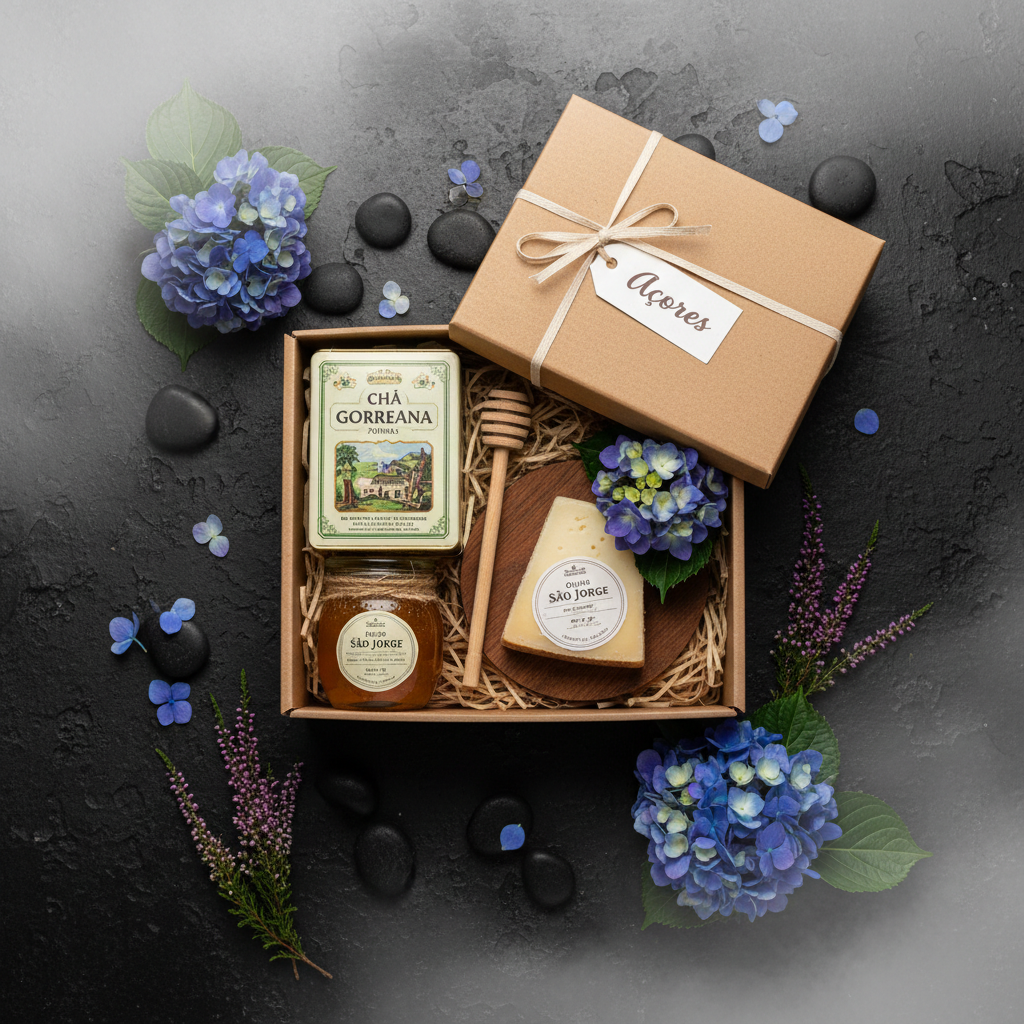 Kit gourmet Sabores dos Açores com chá das Furnas, queijo São Jorge e mel de urze