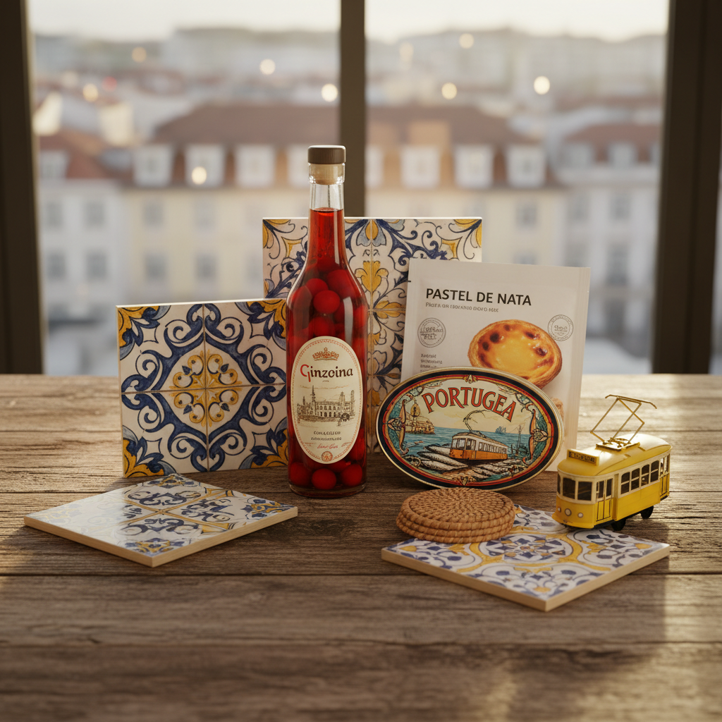 Kit gourmet Sabores de Lisboa com ginjinha, sardinha e azulejo decorativo